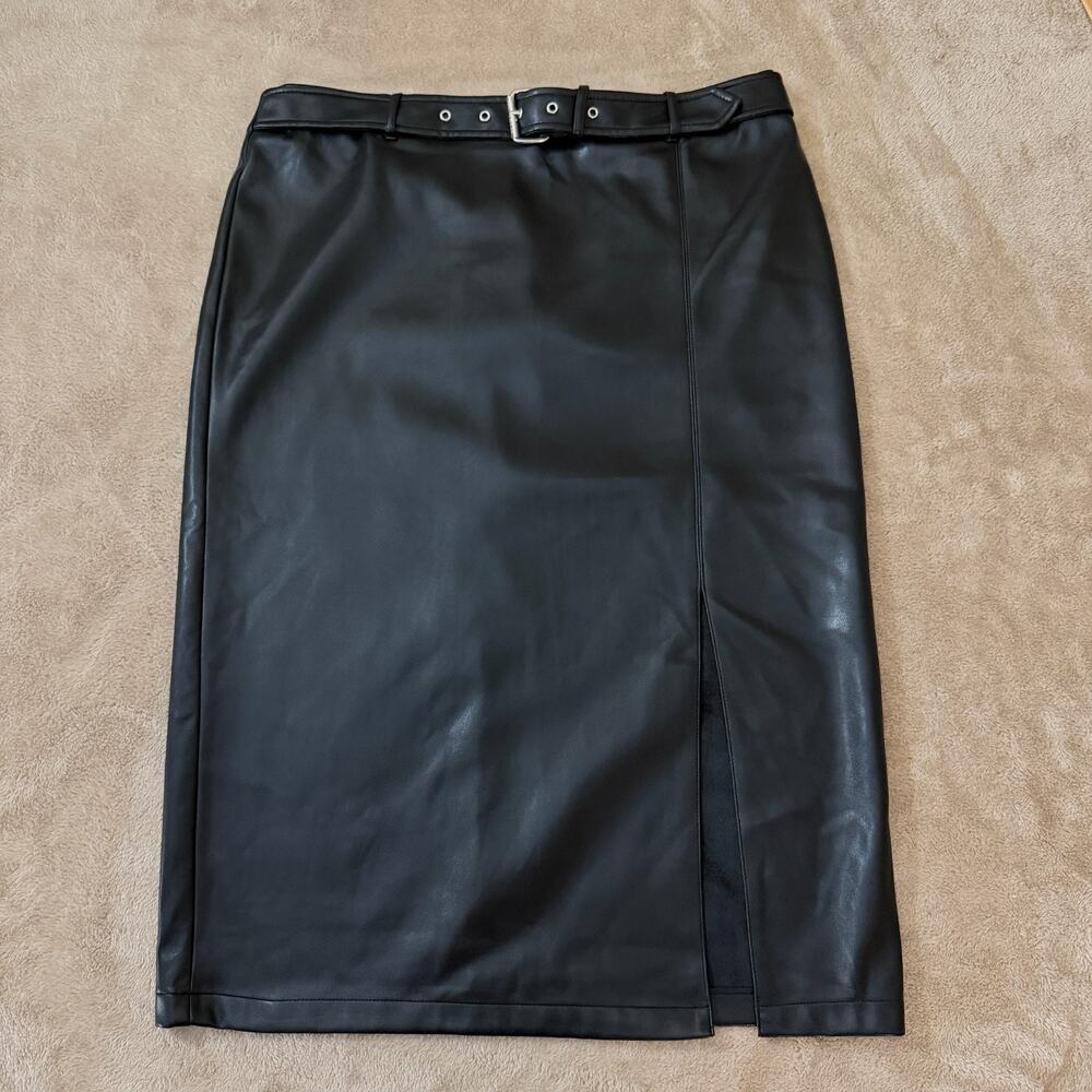 Marc New York Faux Leather Midi Skirt Belt Side Slit Black L Edgy Sleek Gothcore